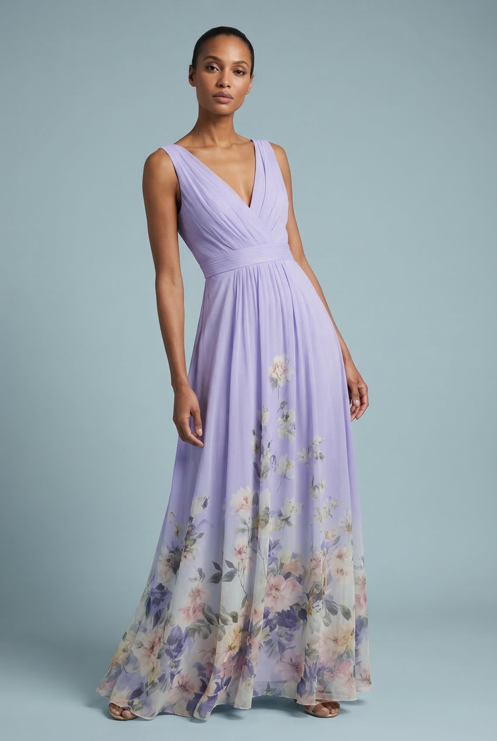 Ashan – Vestido largo estilo chiffon floral con escote en V