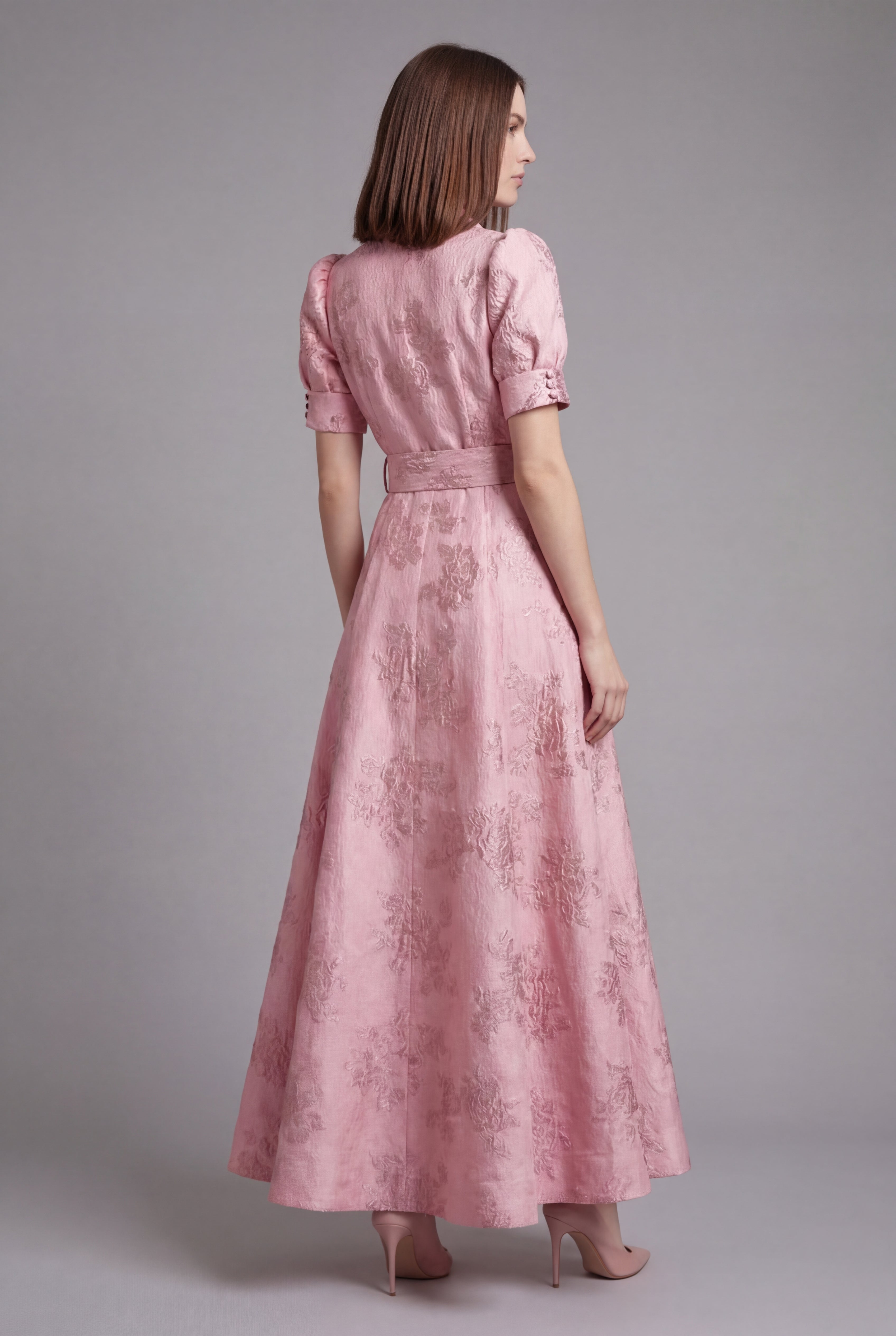 Ascora – Vestido largo con cinturón, mangas abullonadas y falda amplia