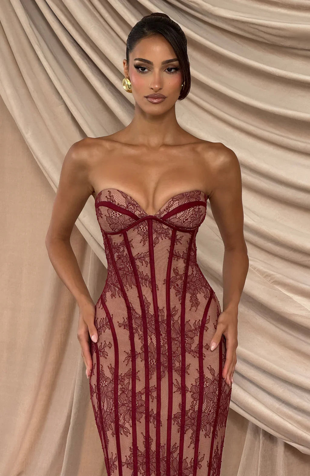 Belléza - Vestido largo de encaje sin hombros