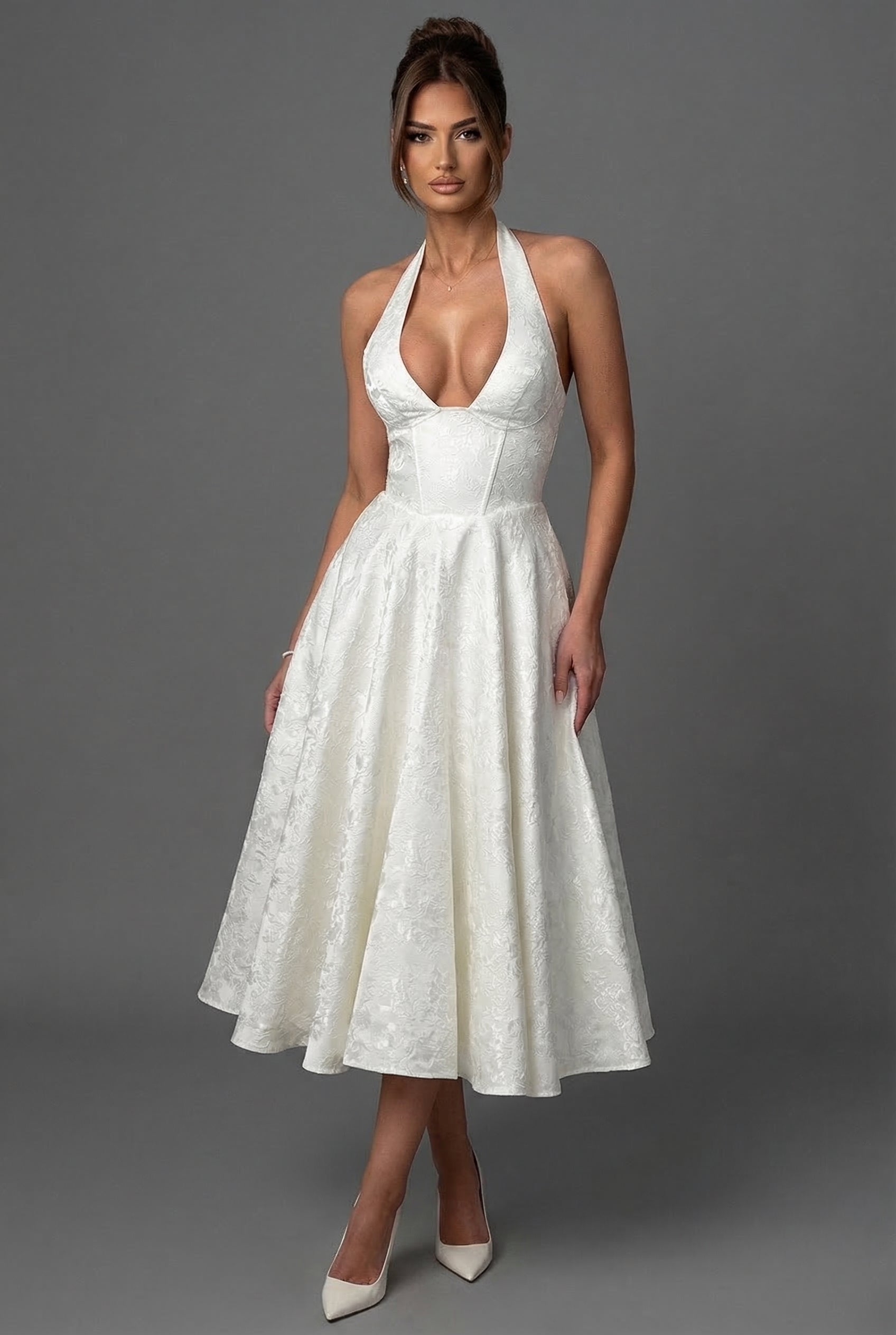 Maisa – Abito midi con scollo halter e fiocco, gonna ampia